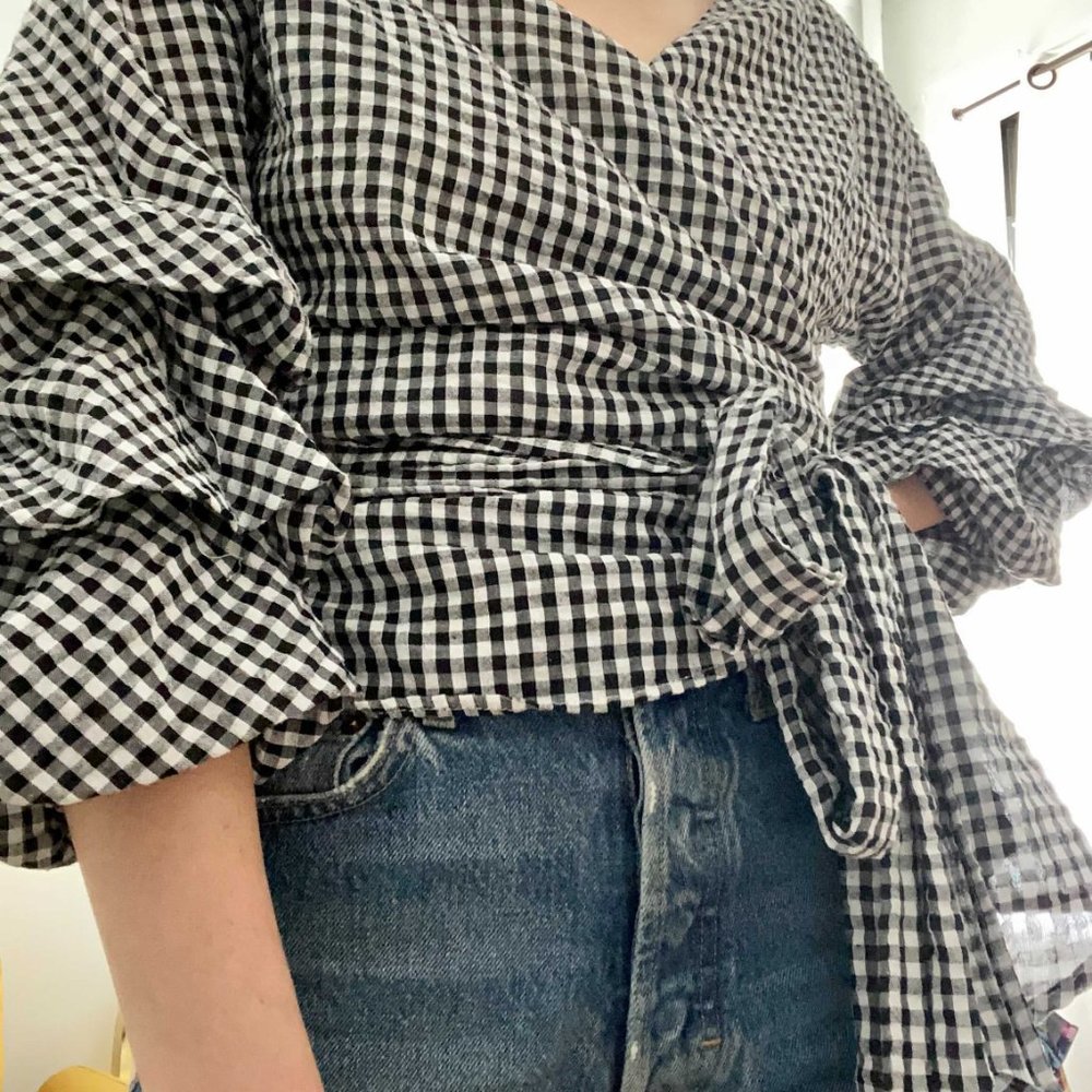 SOLD -  Showny blue and white gingham blouse
